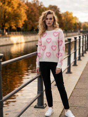 Womens XXS Pink Heart Bubble Sleeve Oversized Sweater Off White Cozy NWOT